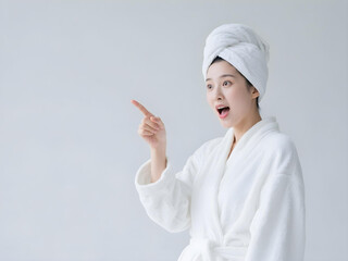 Portrait of a Woman in Spa Attire with a Surprised Expression