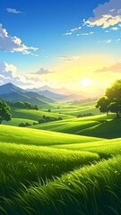 Serene landscape with rolling green hills lush trees and vibrant sunset sky with clouds mountains in background and bright sunlight