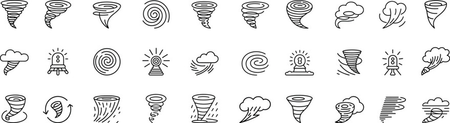 Set of outline silhouette toronado icon set. Vector illustration of a weather cataclysm isolated on white background