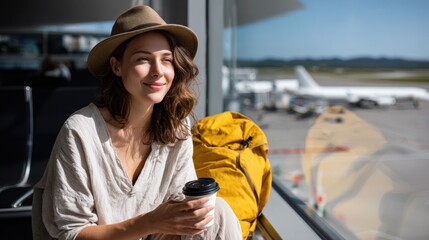 Fototapeta premium Smiling woman wearing a hat and casual clothing holding a takeaway coffee cup while sitting by an airport window, with a yellow backpack and airplanes visible on the tarmac outside