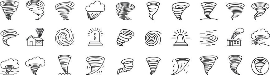 A set of twelve simple, black line icons depicting various Tornado icon set. Vector Illustrations