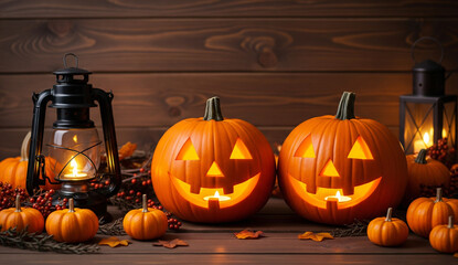 Fototapeta premium A festive autumn scene showcasing two glowing carved pumpkins, flanked by vintage lanterns and surrounded by small gourds and leaves, against a rustic wooden background.