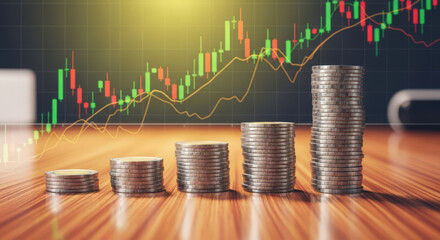 Financial Growth Visualization Stacking Coins with Bull Market Chart Background Representing Investment Success and Economic Progress on Wooden Surface
