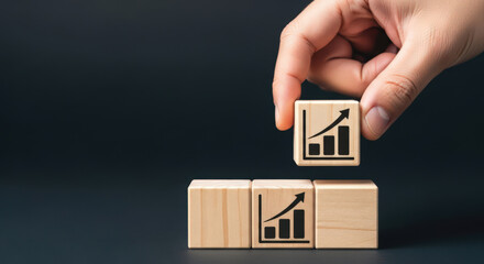 Hand Placing a Wooden Block with a Bar Graph Symbolizing Business Growth and Success on a Dark Background Representing Strategic Planning and Development