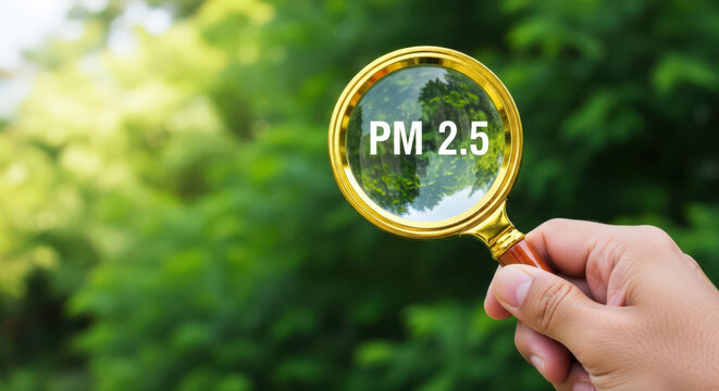 Examining Air Quality with a Magnifying Glass Focusing on PM2.5 Particles in a Lush Green Environment, Highlighting Environmental Awareness and Pollution Control Efforts