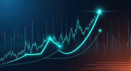 Uptrending Stock Market Graph A Dynamic Visualization of Financial Growth with Rising Arrows and Data Points Against a Modern Tech Backdrop