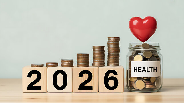2026 Health Savings Concept with Stacked Coins, Heart Symbol, and Jar of Money Representing Financial Planning for Medical Expenses and Wellness
