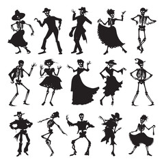 Obraz premium vector illustration of dancing skeleton silhouette set, Black & White silhouette set 