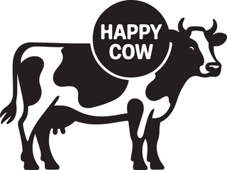 A Black and white cow silhouette drawn in black on a white background
