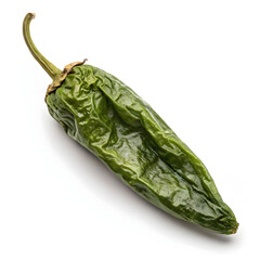 Naklejka premium Dried green chili peppers placed on a white background, highlighting their wrinkled