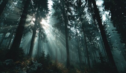 Obraz premium Misty forest with tall trees featuring striking red bark illuminated by sunlight streaming through the canopy creating a serene natural atmosphere