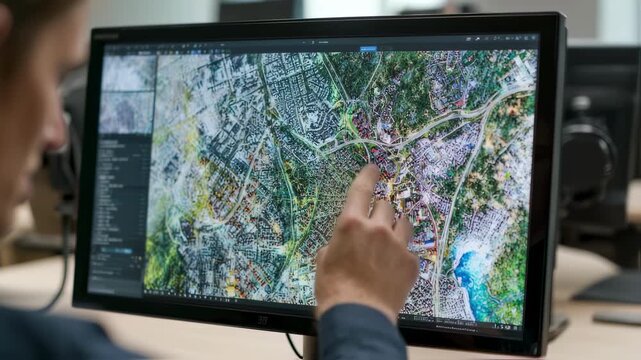 Overtheshoulder shot of a GIS professional adjusting spatial data layers on a touchscreen combining satellite inputs to produce accurate thematic maps for urban planning. - Powered by Adobe