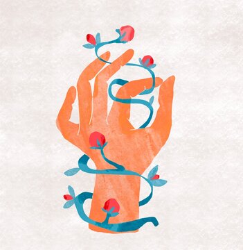 Hand with floral motives,plant stem wrapped around hand 