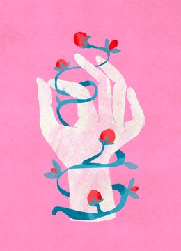 Hand with floral motives,plant stem wrapped around hand 