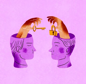 Two heads and hands with key and padlock