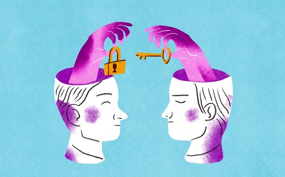 Two heads and hands with key and padlock
