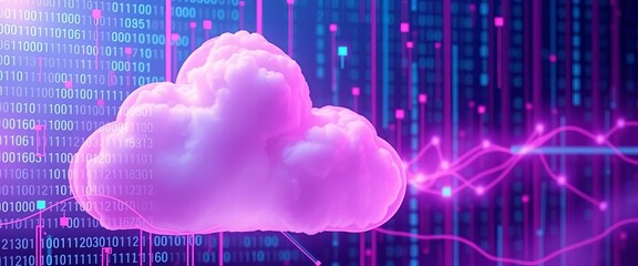 Abstract pink blue cloud computing security background with binary code and network connections,   network security,  background