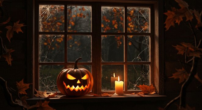 Eerie jack o'lantern and candle glow warmly by a cracked window in a spooky autumn scene for Halloween projects