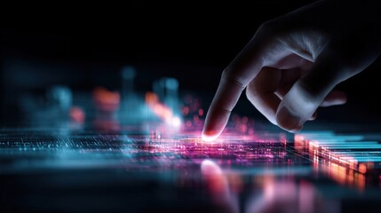 Human Finger Touching Glowing Digital Interface Technology Concept.