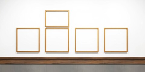 Four empty picture frames hanging on a white wall, metal, minimal