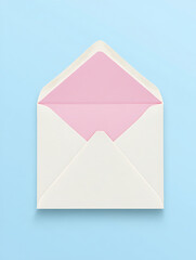 An Open Envelope with Pink Interior Lined Against a Light Blue Background Showing a Gentle Shadow From a Top Down Perspective