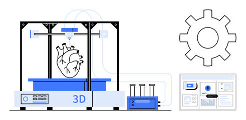 3D printer creating human heart model, control panel, test tubes, monitor, and gear icon. Ideal for healthcare, technology, innovation research education biotechnology and future medicine. Simple