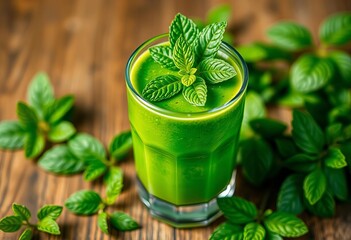 Vibrant green smoothie in glass, garnished with fresh mint,  food styling,  wellness