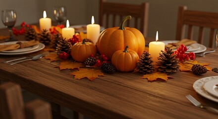 Warm inviting Thanksgiving table centerpiece with pumpkins, candles, and fall foliage creates festive holiday mood