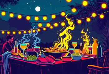 Continuous line drawing of a nighttime barbeque party with food and drinks,  event,  vector