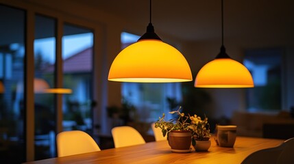 Warm-toned pendant lights over a dining table