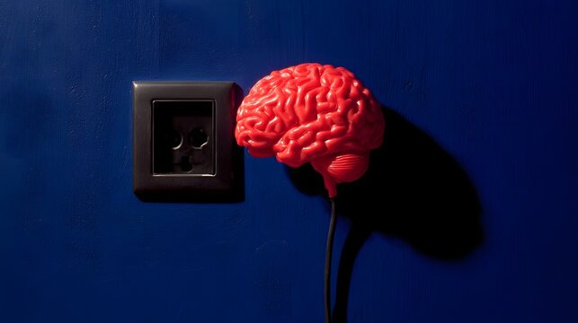 Red brain model next to an electrical outlet on a deep blue background.