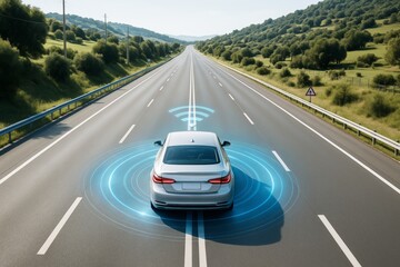 Self-driving car on highway using smart sensors and wireless technology for autonomous transport on a scenic background with natural daylight.
