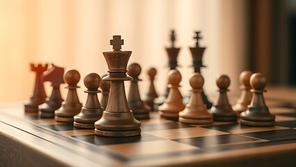Chess pieces arranged strategically on a wooden board, highlighted by warm directional lighting.