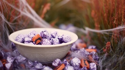 fake,dim,shallow,tiny,plastic,halloween,candy,spooky,bowl,wrapped,bats,inviting,field,purple,cobwebs,vintage,treats,colorful