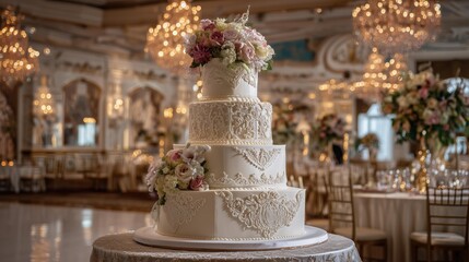 Elaborate tiered wedding cake with intricate white icing and fresh floral decorations in grand ballroom, chandeliers and elegant decor exuding luxury celebration.