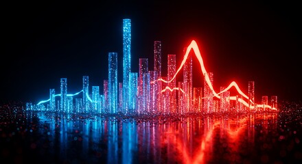 Naklejka premium A futuristic cityscape with neon lights and reflections on a dark surface