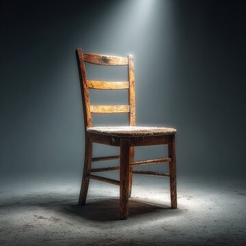 Worn wooden chair lit by dramatic spotlight