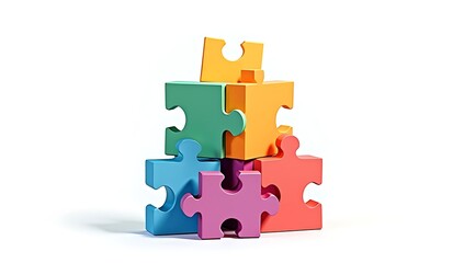 Stack of colorful puzzle pieces with one missing, symbolizing problem-solving, creativity, and the search for solutions, on white background.