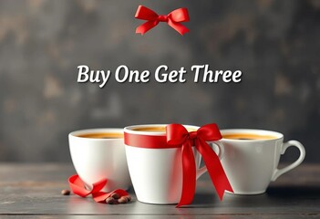Buy one get three coffee cups offer, red ribbon bow, cafe promotion, coffee, discount