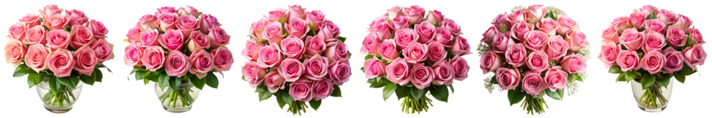 Fototapeta premium Pink Rose Bouquet Variations, Isolated on Transparent Background, Floral Arrangement, Wedding Flowers, Roses, Bouquet, Pink