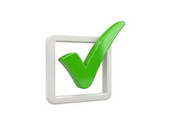 3d green check mark in white box on transparent background