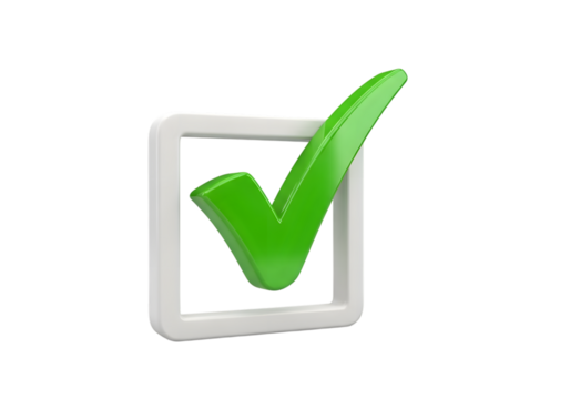 3d green check mark in white box on transparent background