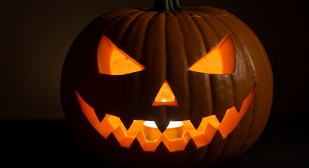 Fototapeta premium Spooky Halloween pumpkin carving glowing ominously in the dark creating a festive atmosphere for trick or treaters