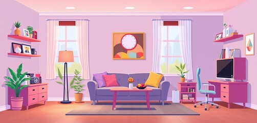 Cartoon flat style infographic showing customizable living room home office furniture elements for design,   DIY,  minimalist