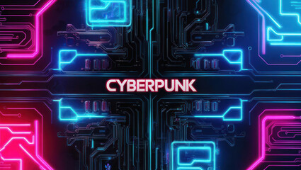 Detailed circuit board graphic with vibrant neon lighting.