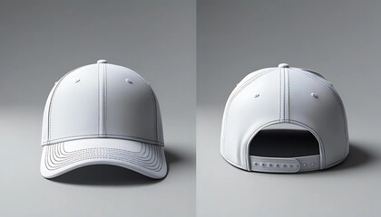 blank white baseball cap,hat 2 view on white background. view front and back

