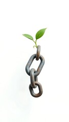 Obraz premium A minimalist 3D render of a broken chain link with a green sprout growing through it, symbolizing freedom, resilience, and renewal, isolated on a plain white background. 