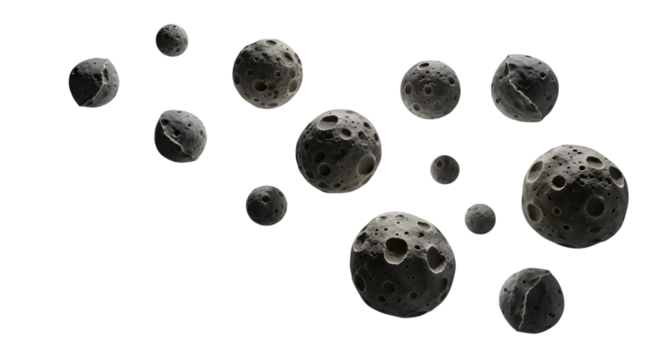 3d asteroids floating in the darkness on transparent background