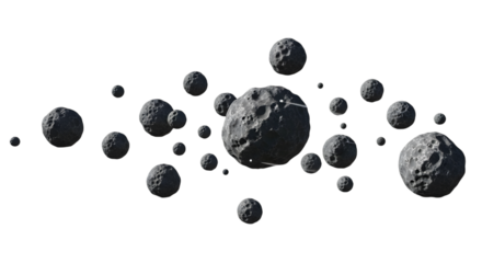 3d asteroids floating in dark space on transparent background