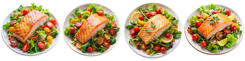 Quadruple Salmon Salad Plates Grilled Salmon with Mixed Greens and Cherry Tomatoes, Isolated on Transparent Background, Salmon, Salad, Food Photography